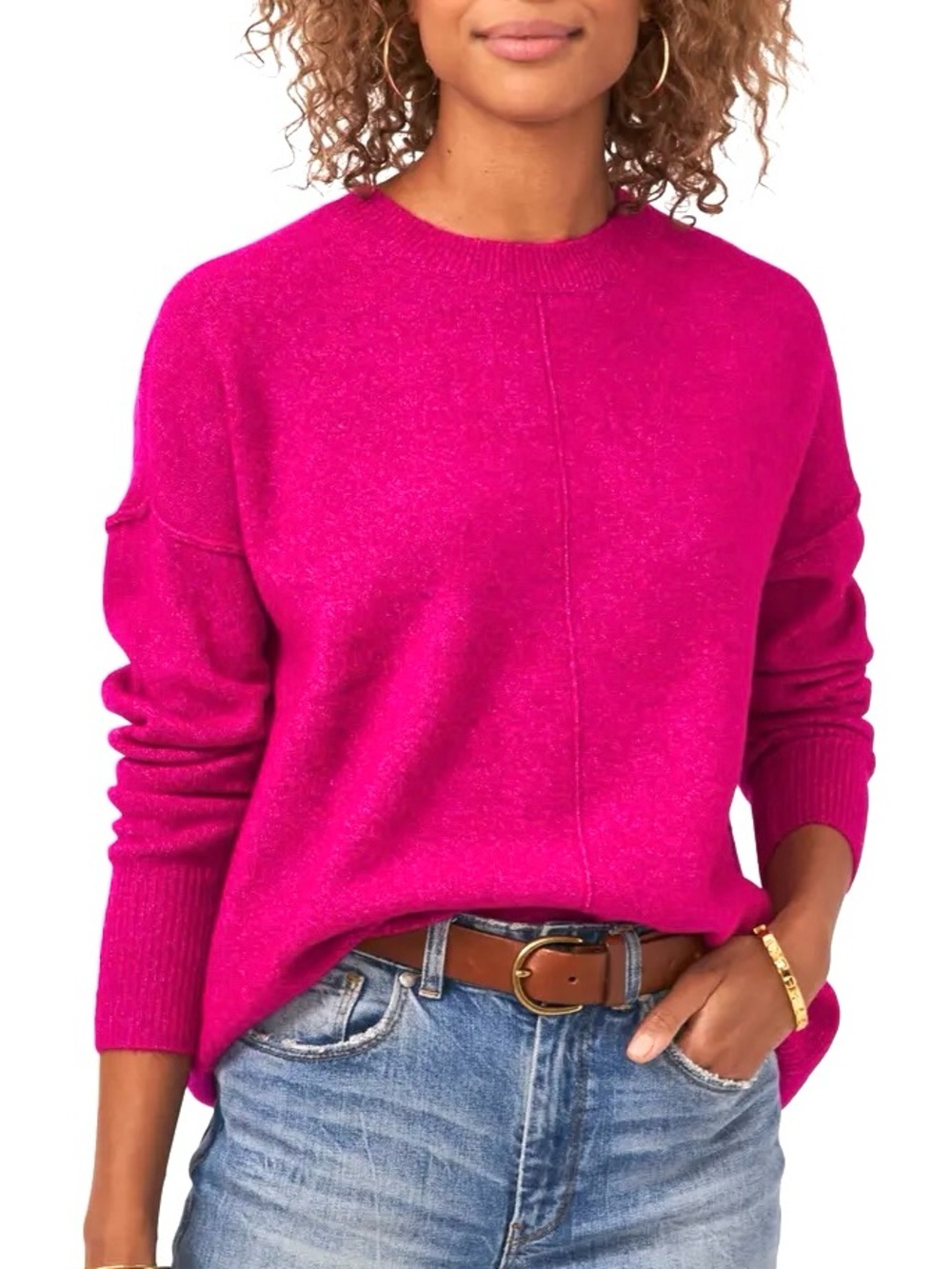 Vince Camuto Exposed Seam Crewneck Sweater | Magenta Pink | Euphoria | Size L